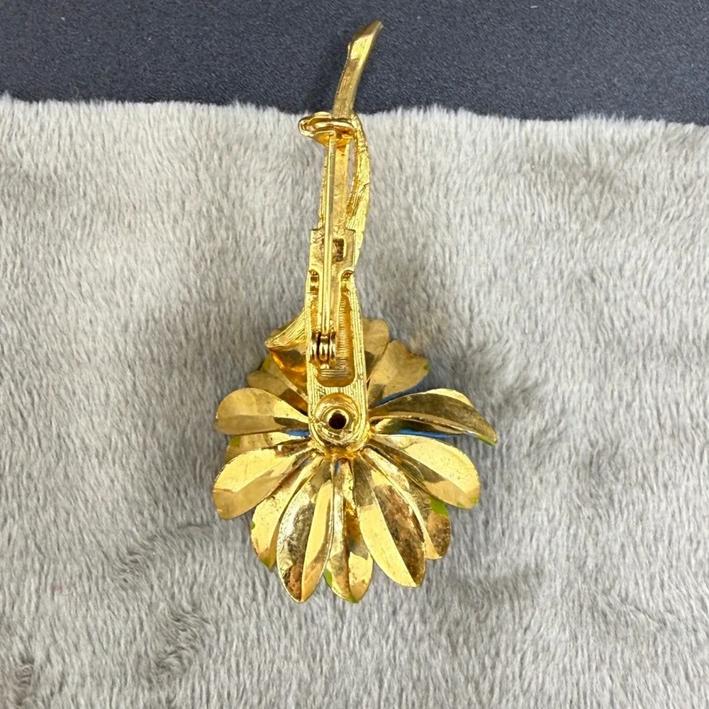Vintage Enamel Flower Brooch Blue Green Gold Tone READ‎